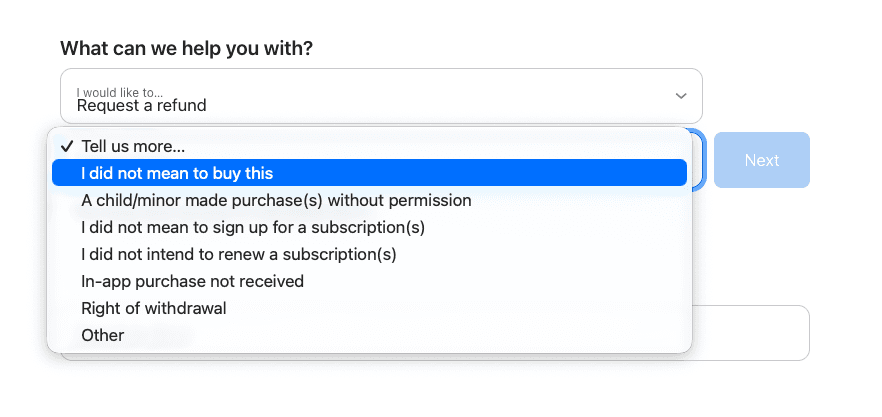 Apple's Report a Problem page with “Request a refund” selected and the list of reasons: I did not mean to buy this, a child made a purchase without permission, in-app purchase not received, right of withdrawal and other.